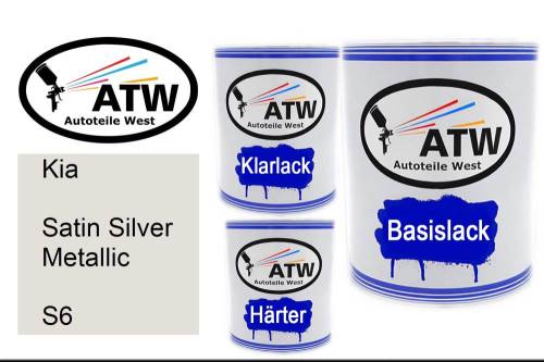 Kia, Satin Silver Metallic, S6: 1L Lackdose + 1L Klarlack + 500ml Härter - Set, von ATW Autoteile West.